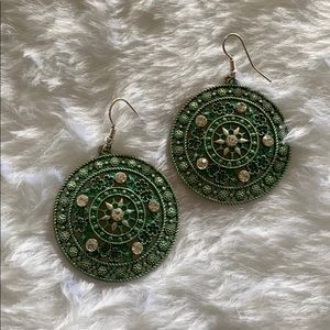 Large Green Round Earrings with Diamond Stones